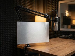 Professional microphone and pop filter in recording studio
