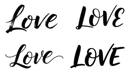 Collection of hand-drawn love typography in various elegant calligraphic and brush script styles isolated on white background, Vector, illustration