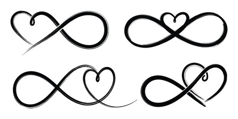 Set of grunge infinity heart symbols representing eternal love and connection isolated on white background, Vector, illustration