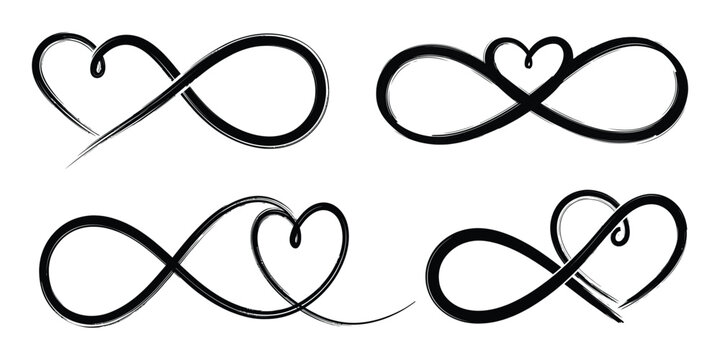 Set of grunge infinity heart symbols representing eternal love and connection isolated on white background, Vector, illustration