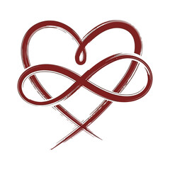 A beautiful dark red brush stroke heart intertwined with an infinity symbol representing eternal love isolated on white background, Vector, illustration
