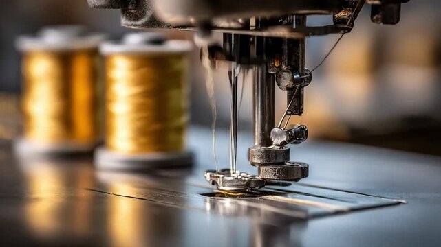 Medium shot of an automated sewing machine adjusting thread tension digitally guaranteeing consistent stitch performance during production.