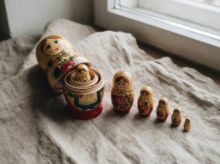 Russian nesting dolls arranged on a textured cloth
