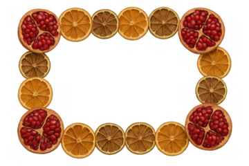 Dried fruit and pomegranate slices forming a decorative frame with copy space, natural winter holiday border design