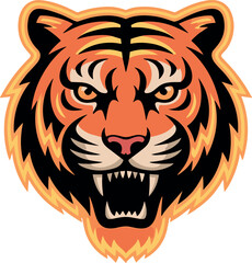 Obraz premium Fierce Aggressive Roaring Tiger Head Mascot Logo Vector Illustration with Orange Stripes for Sports Team, School Badge, or Esport Branding.