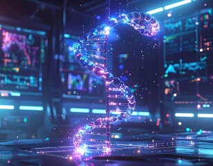 Animated depiction of DNA helix in a futuristic lab setting