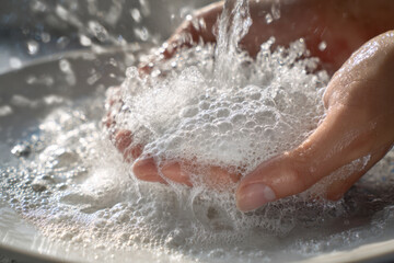 Person washing hands with soap and water creating rich foam and bubbles emphasizing hygiene and cleanliness in a bright setting