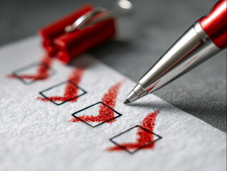 Fototapeta premium Red pen marking checkboxes on textured white paper with a red binder clip in the background on a gray surface showing task completion and organization concepts