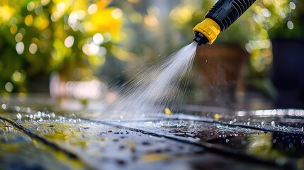 Pressure washer spraying wood surface