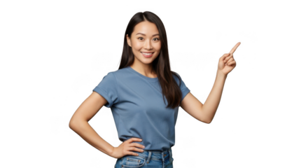 Smiling asian woman pointing upwards with confidence isolated on transparent background