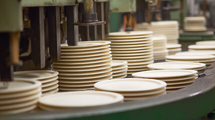 Automated production line with stacks of ceramic plates. Machines ensure quality, consistency. Stacks neatly aligned, ready for transport and use in diverse industries.