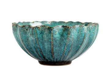 Textured teal ceramic bowl with ruffled edge isolated on transparent background. Exquisite turquoise glazed ceramic bowl isolated on white background.