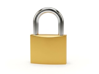 Naklejka premium Sturdy gold-toned security lock with a chrome shackle in a locked position, isolated on white for professional commercial use.