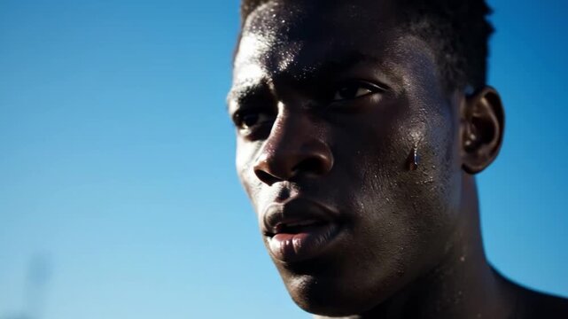 Closeup portrait of a sweaty young man against a bright blue sky