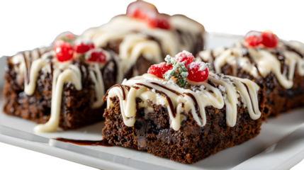 Chocolate Brownies with White Chocolate Drizzle and Berries, isolated on transparent background