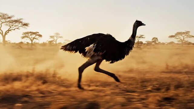 Ostrich Running Across Savannah &mdash; feathers and rapid strides