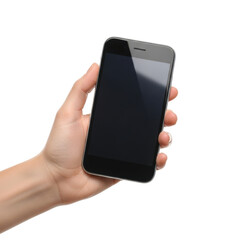 Hand holding black smartphone isolated on transparent background