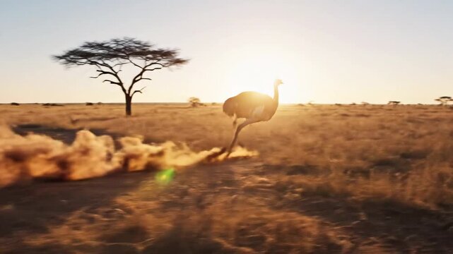 Ostrich Running Across Savannah &mdash; feathers and rapid strides
