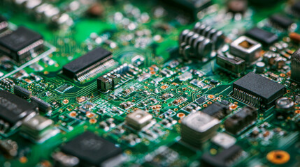 Obraz premium Detailed view of a green printed circuit board with various semiconductor components and intricate electronic pathways for technology devices and computing systems