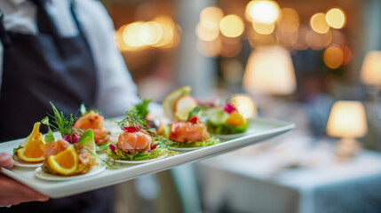 Waiter holding a white rectangular platter with assorted gourmet seafood appetizers garnished with fresh herbs and citrus slices in an elegant dining setting with warm bo