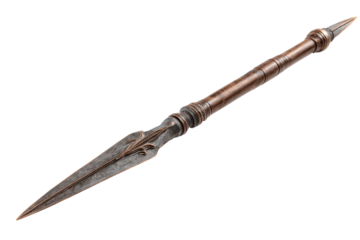 Ornate ancient double headed spear isolated on transparent background. Ornate double ended spear with intricate metalwork and gemstone isolated on white background.