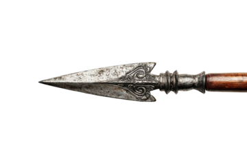 Ancient ornate arrowhead with wooden shaft isolated on transparent background. Ancient ornate arrowhead with detailed metalwork and wooden shaft isolated on white background.