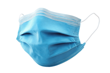 Blue disposable medical face mask isolated on transparent background. Disposable blue surgical face mask for personal protection isolated on white background.