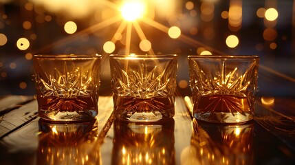 Golden hour whiskey tasting, celebratory drinks with blurred bokeh lights, warm ambiance.