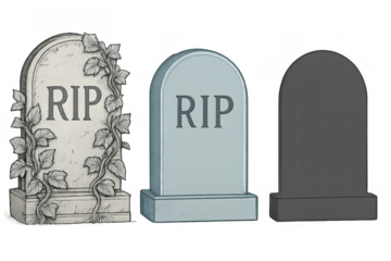 Set of three different style tombstones including a decorative vine-covered gravestone, a plain memorial, and a blank headstone