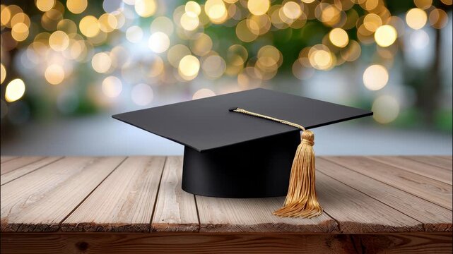 Graduation cap resting a wooden table, featuring an abstract bokeh background of achievement celebrating festive lights, video 4k