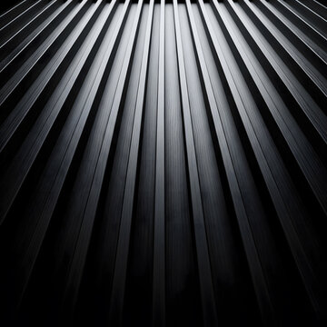 A dramatic low-angle perspective of dark parallel wooden slats or metal fins creating a rhythmic architectural pattern with strong highlights. Generative AI.