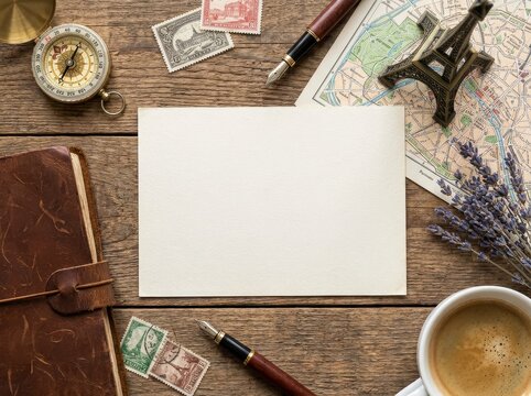 Vintage travel items and blank card on wooden table