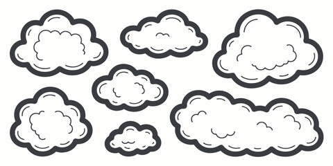 Fototapeta premium Clouds Set in Simple Cartoon Style with Black Outline on White Background for Weather Icons