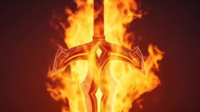 Enchanting dance of flames on a majestic sword creating a visually striking scene, symbol of fiery
