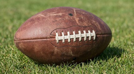 A close-up photograph of a worn, brown football resting on a lush, green grass field