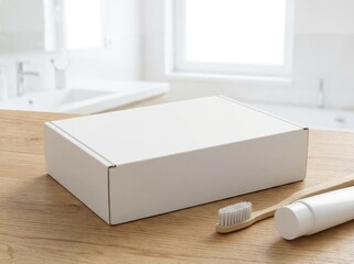 White cardboard box on a wooden table with toothbrush