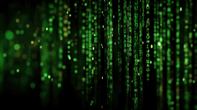 Abstract digital world with green digits raining against deep cyber themed background
