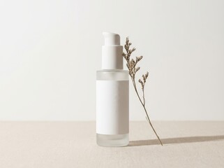 White cosmetic serum bottle with pump and dried flower
