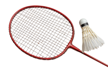 Red badminton racket and shuttlecock isolated on transparent background. Badminton racket and shuttlecock isolated on white background.