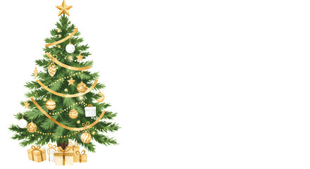 Fototapeta premium Decorated Evergreen Pine Christmas Tree with Gifts And Gold Ornaments On Transparent Background
