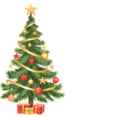 Fototapeta premium Decorated Christmas Pine Tree With Gold Ribbon And Red, Gold Ornaments And Gifts Isolates On Transparent Background