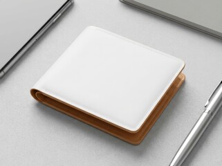 White leather bi fold wallet on neutral background