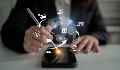 Worldwide digital payment network showing secure financial transactions. Digital payment supports transfer, digital payment ensures security, boosts convenience, drives global finance. Latch