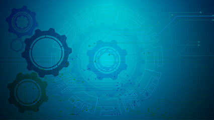 Abstract technological background with letters, cogwheels and plexus effect Abstract blue technological background with cogwheels and plexus effect