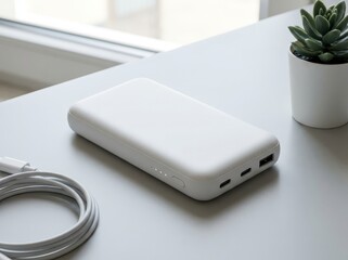 Fototapeta premium White portable power bank with charging cable on a desk