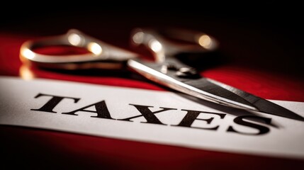 Scissors cutting taxes on white paper