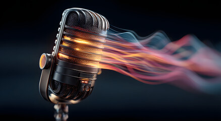 Generative AI studio microphone with abstract soundwaves for podcast branding and vocal frequency visuals.