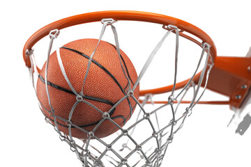 Fototapeta premium Basketball going through net isolated on transparent background. Basketball swishing through net capturing winning shot isolated on white background.