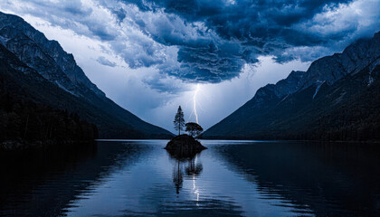 Serene mountain lake with lightning strike
