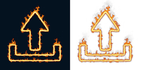 Obraz premium Upload icon with an upward arrow above a tray drawn in fire for file sharing controls and cloud storage submission, graphic element for data transfer prompts and app interface buttons